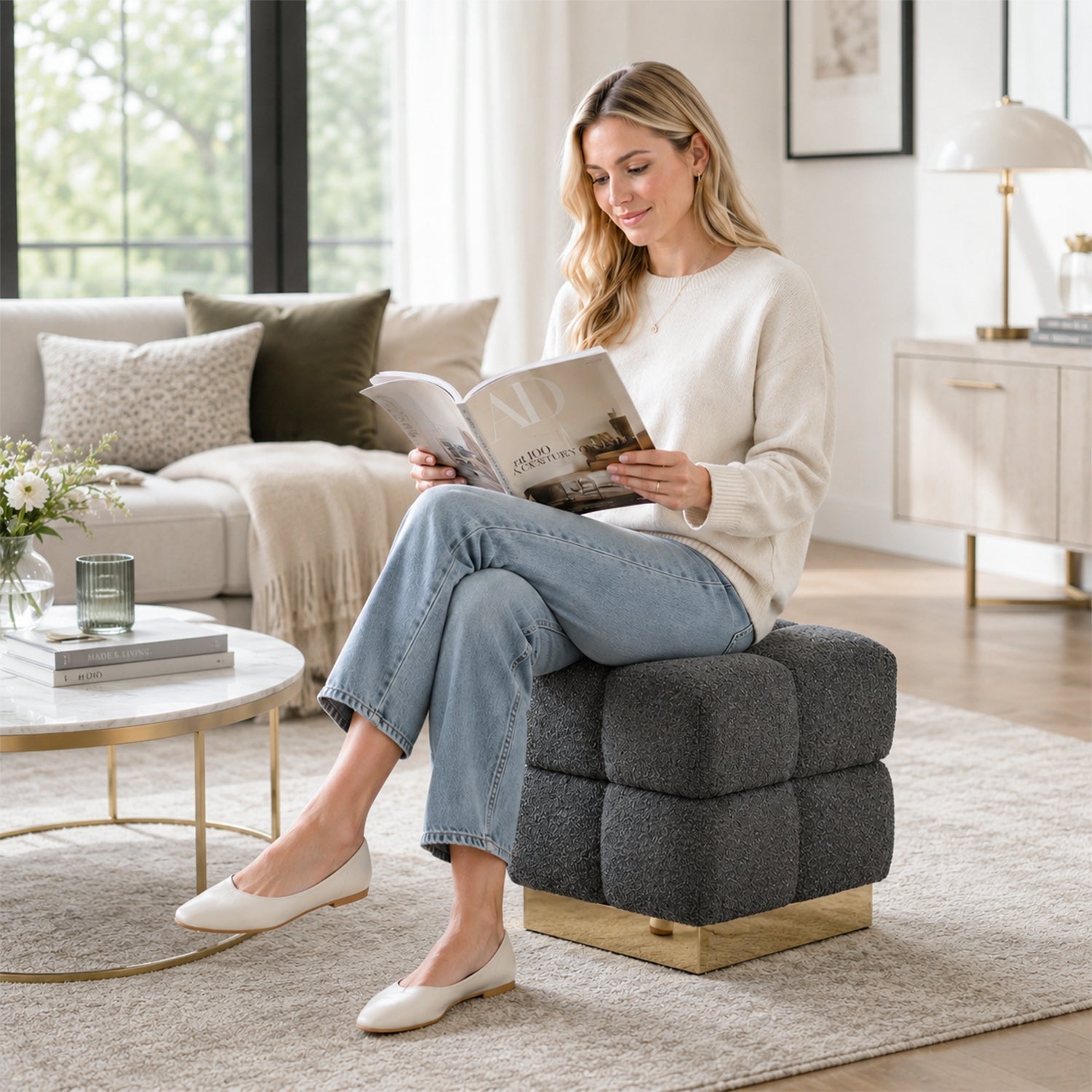 Contemporary Bouclé Storage Stool with Hidden Storage Compartment & Gold Stainless Steel Base – Fully Assembled
