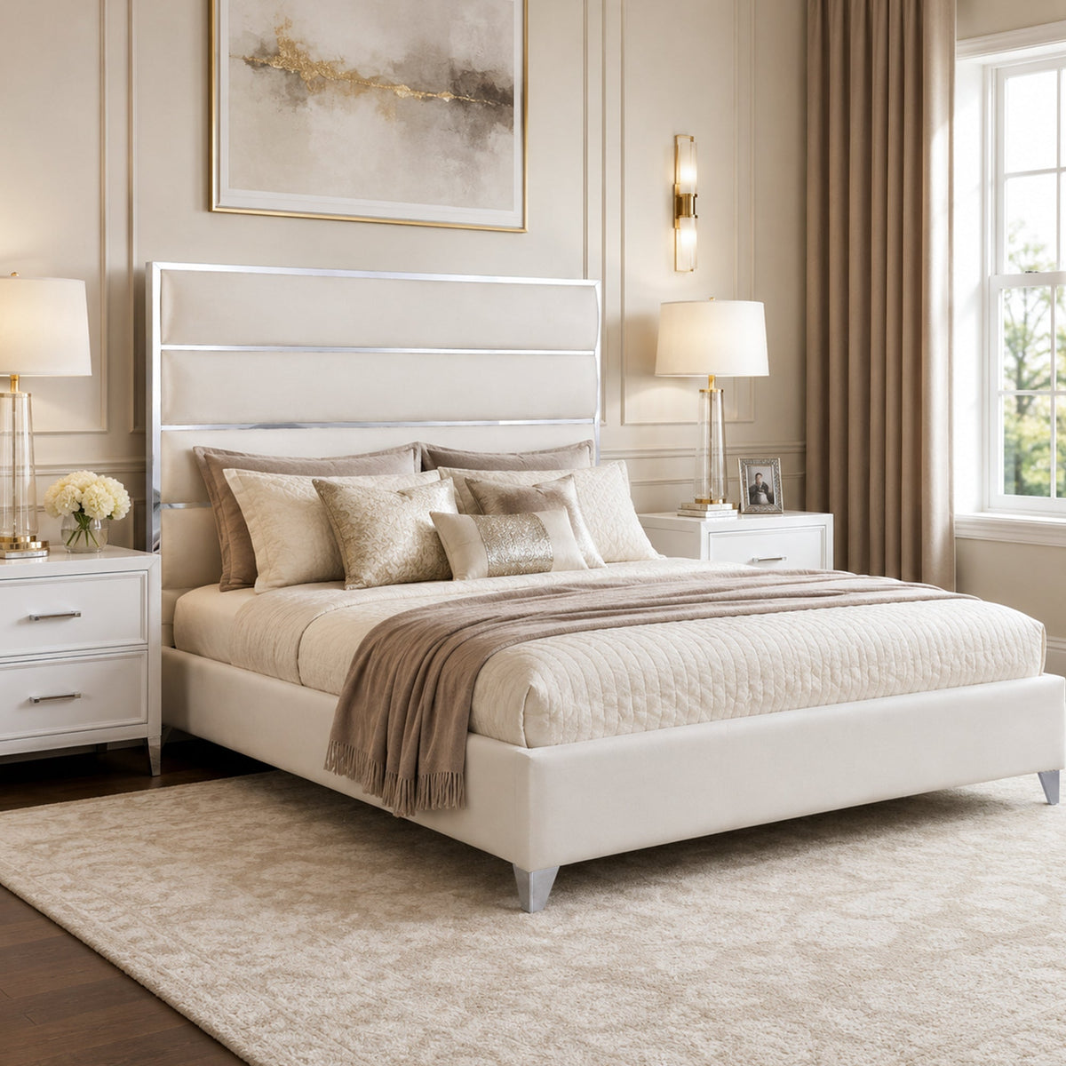 Modern Upholstered Bed with Stainless Steel Accents, Fully Upholstered Platform Bed, Mattress Ready