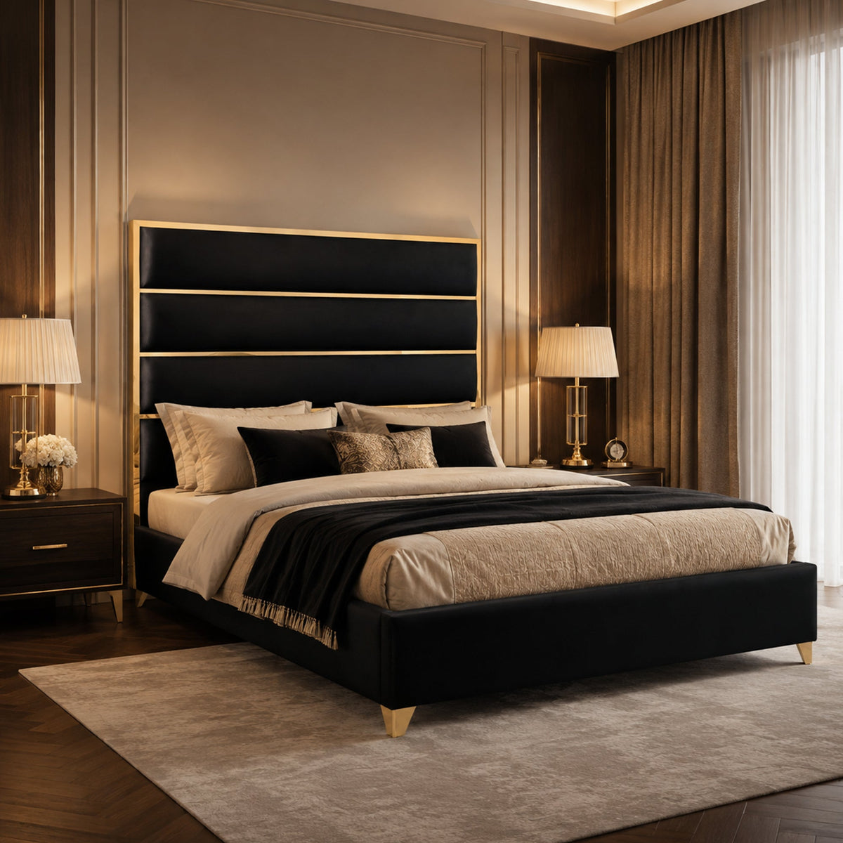 Modern Upholstered Bed with Stainless Steel Accents, Fully Upholstered Platform Bed, Mattress Ready