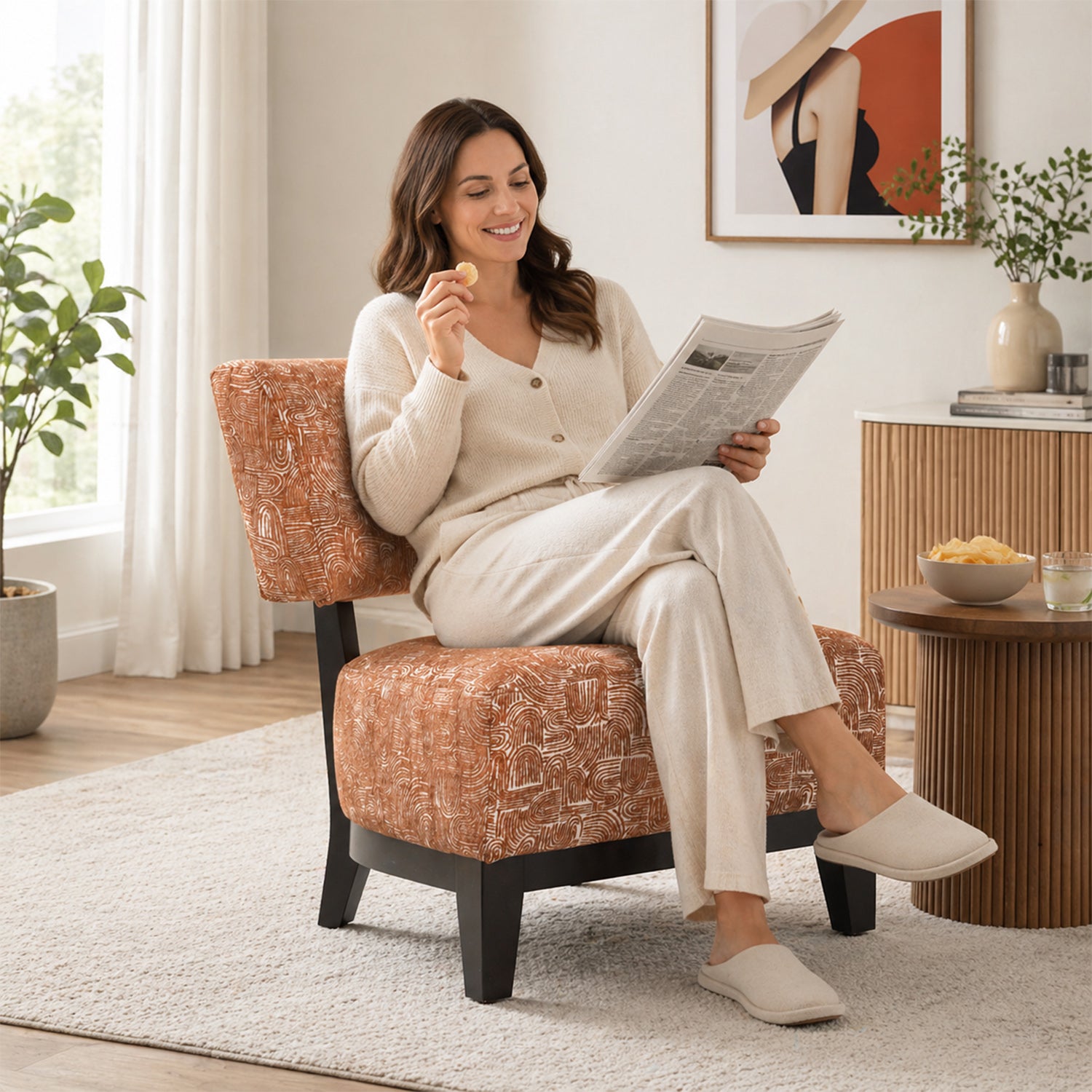 Mid-century Modern Accent Chair – Armless, Tapered Black Legs, Abstract Texture Fabric