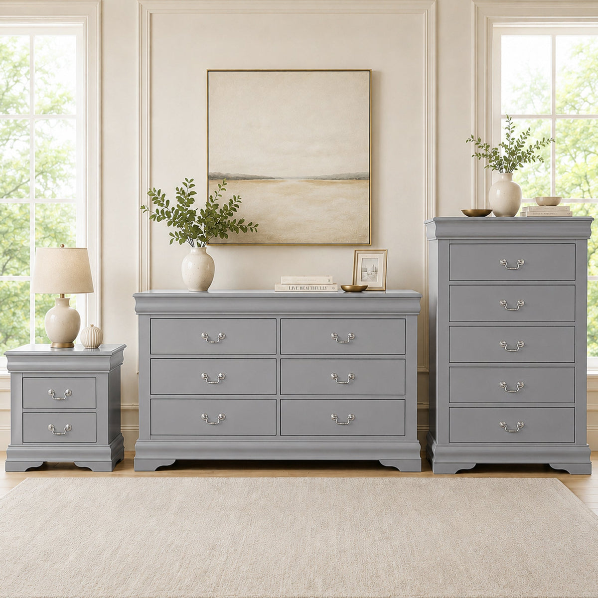 3-Piece Transitional Bedroom Storage Set with Nightstand, Chest & Dresser (Mirror Optional)