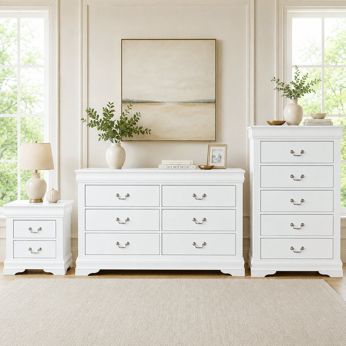 3-Piece Transitional Bedroom Storage Set with Nightstand, Chest & Dresser (Mirror Optional)