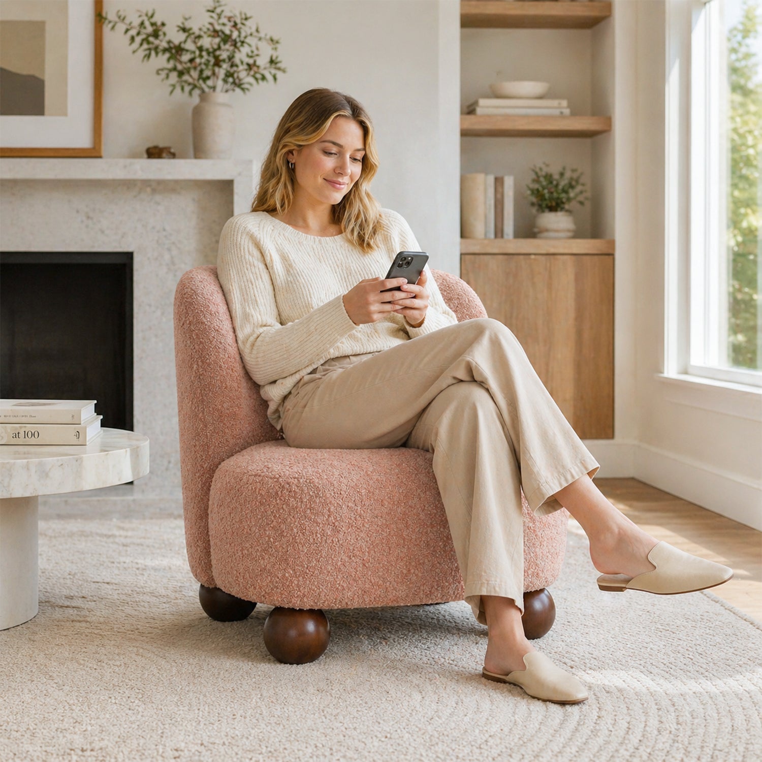 Contemporary Boucle Accent Chair – Sculptural Wood Ball Feet, Wide Seat