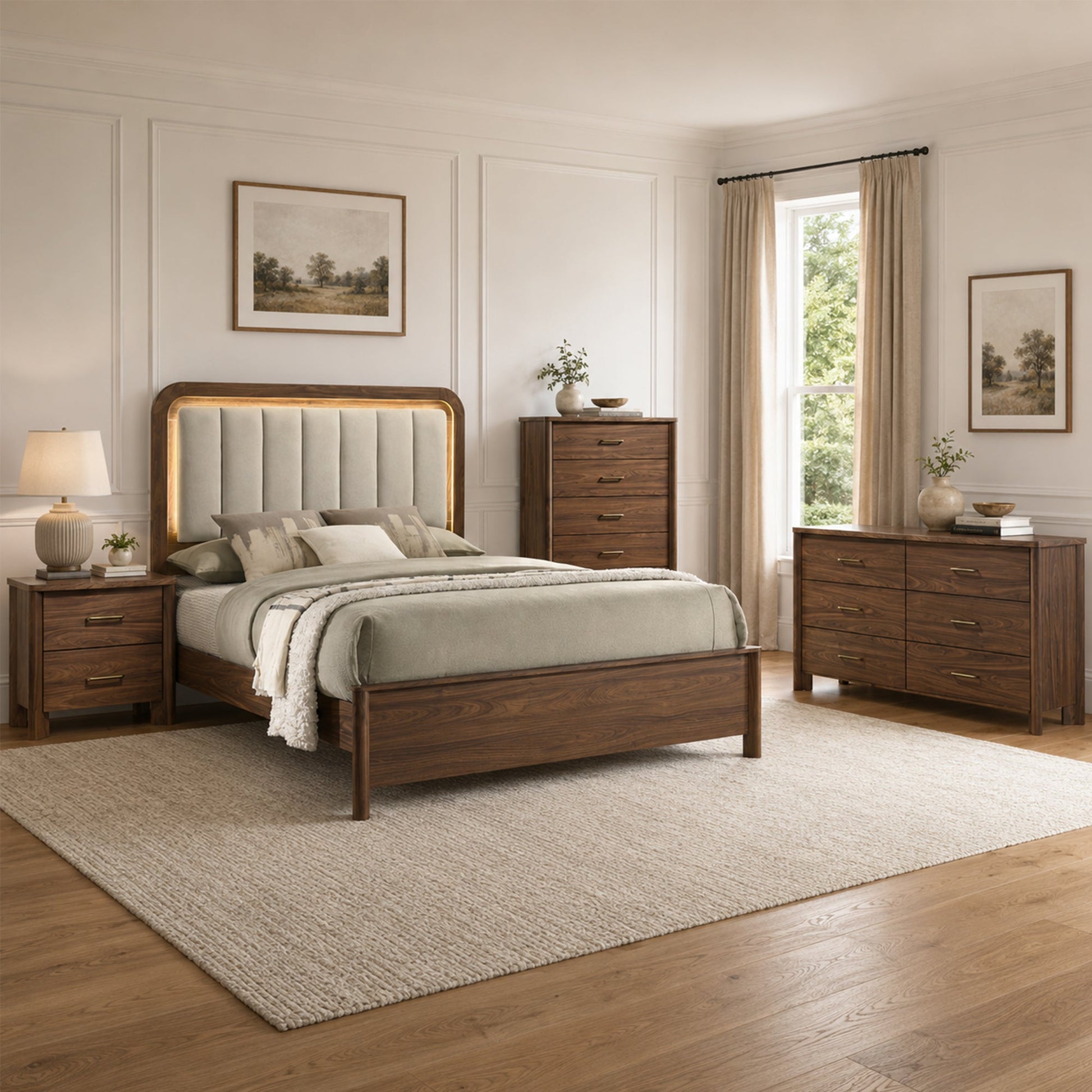 Mid-Century Modern Walnut 4-Piece Bedroom Set with Upholstered LED Platform Bed, Nightstand, Chest & Dresser with Optional Mirror