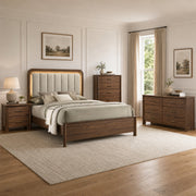 Mid-Century Modern Walnut 4-Piece Bedroom Set with Upholstered LED Platform Bed, Nightstand, Chest & Dresser with Optional Mirror
