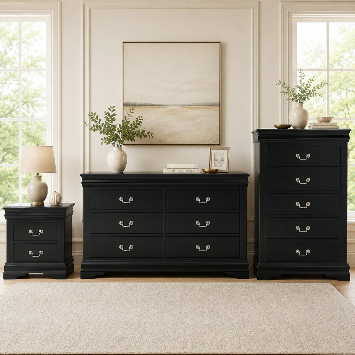 3-Piece Transitional Bedroom Storage Set with Nightstand, Chest & Dresser (Mirror Optional)