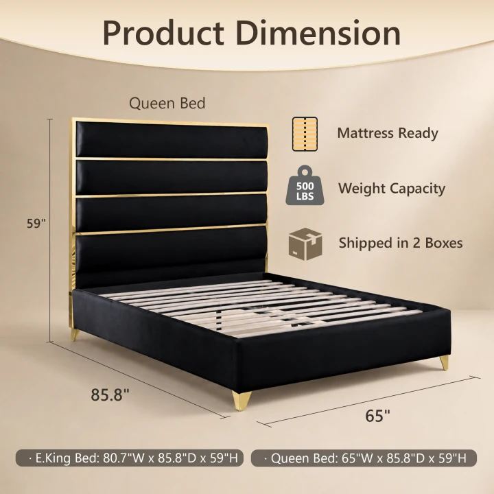 Modern Upholstered Bed with Stainless Steel Accents, Fully Upholstered Platform Bed, Mattress Ready
