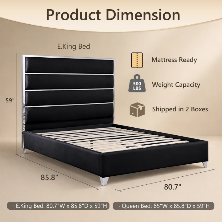 Modern Upholstered Bed with Stainless Steel Accents, Fully Upholstered Platform Bed, Mattress Ready