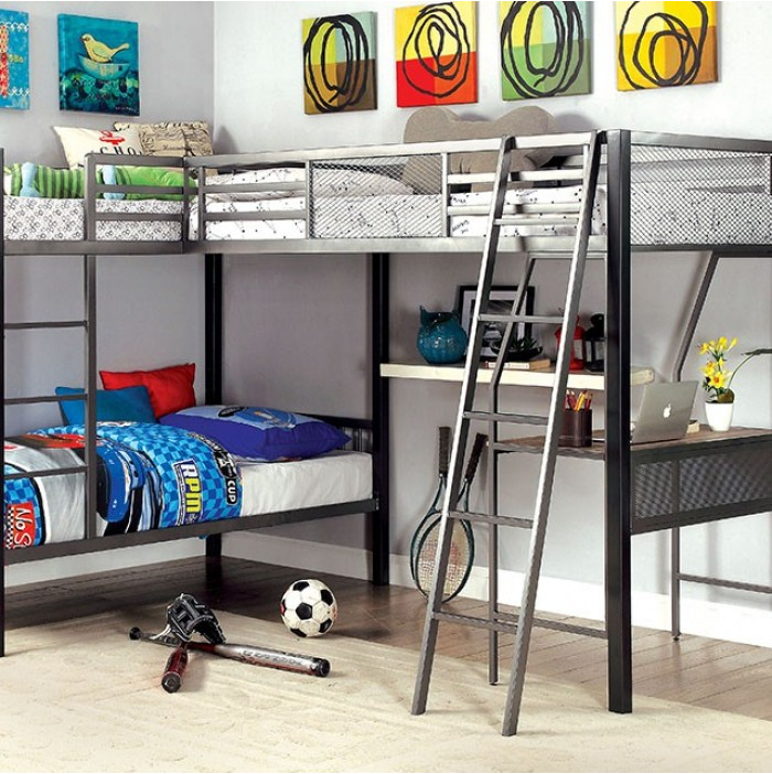 Ballarat Modern L-Shaped Metal Triple Twin Bunk Bed