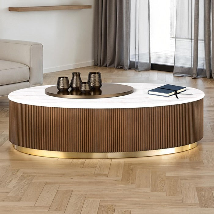 Contemporary Brown & White Genuine Marble Coffee Table with Gold Metal Base