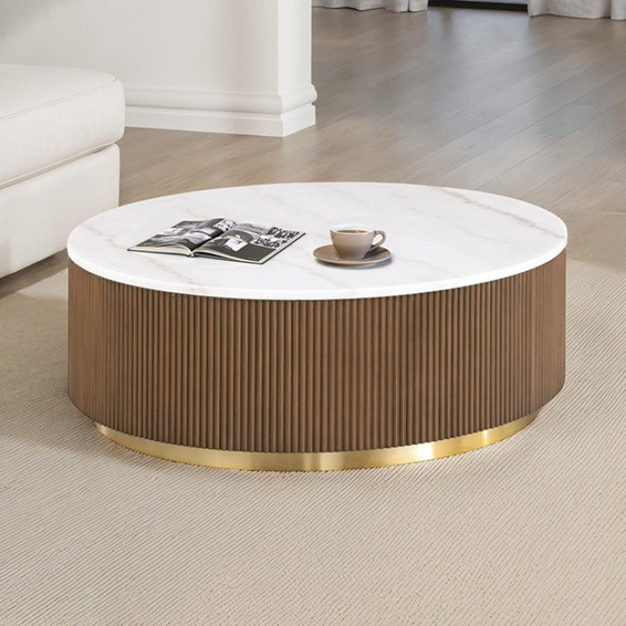 Contemporary Brown & White Genuine Marble Coffee Table with Gold Metal Base