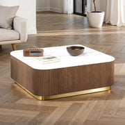 Contemporary Brown & White Genuine Marble Coffee Table with Gold Metal Base