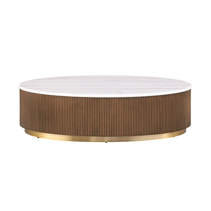 Contemporary Brown & White Genuine Marble Coffee Table with Gold Metal Base