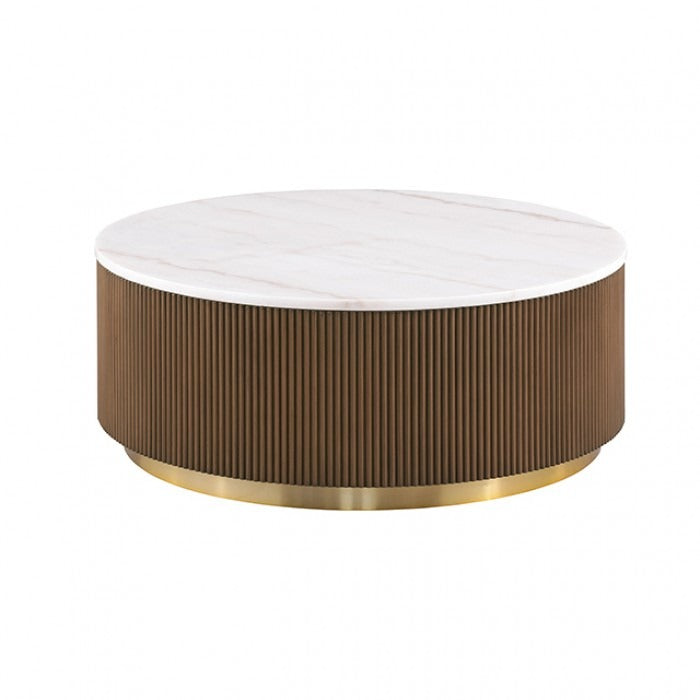 Contemporary Brown & White Genuine Marble Coffee Table with Gold Metal Base