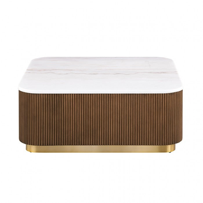 Contemporary Brown & White Genuine Marble Coffee Table with Gold Metal Base