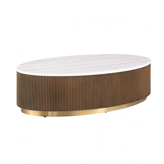 Contemporary Brown & White Genuine Marble Coffee Table with Gold Metal Base