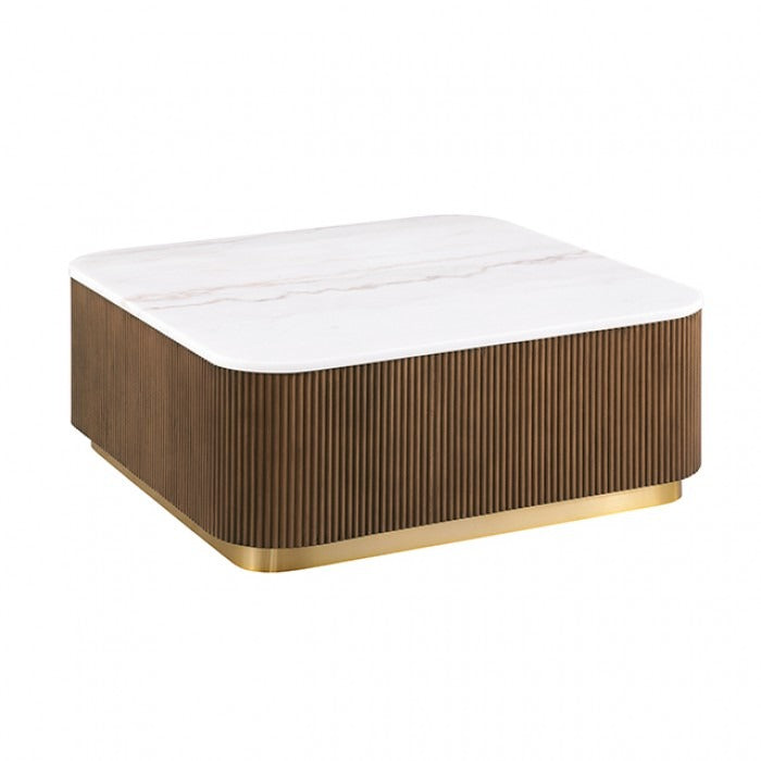 Contemporary Brown & White Genuine Marble Coffee Table with Gold Metal Base