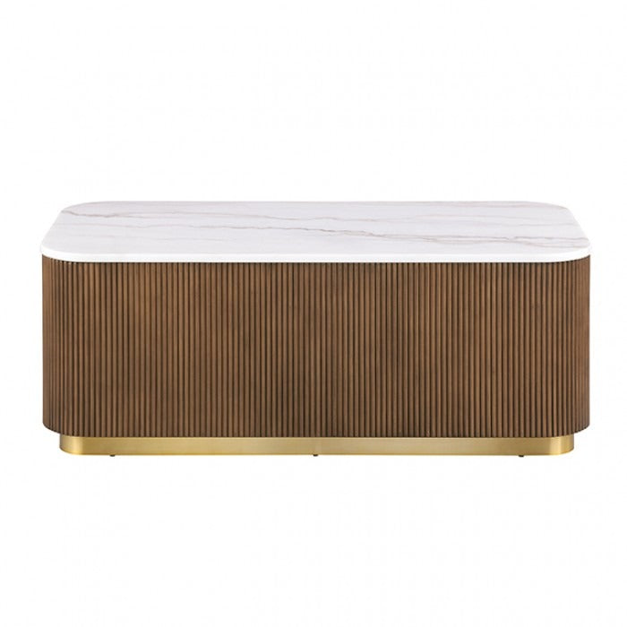 Contemporary Brown & White Genuine Marble Coffee Table with Gold Metal Base