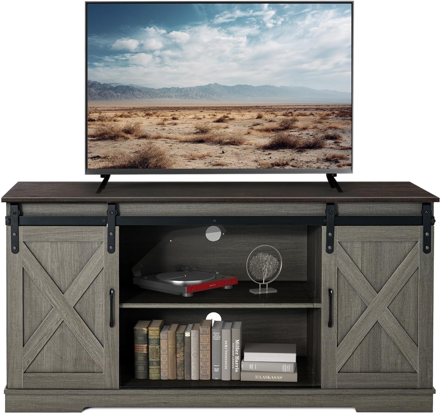 Rustic Farmhouse TV Stand with Sliding Barn Doors and Metal Accents