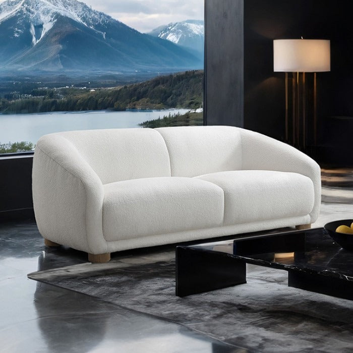 Contemporary Boucle Loveseat – Slope Arms, Wooden Round Legs, OEKO-TEX Certified
