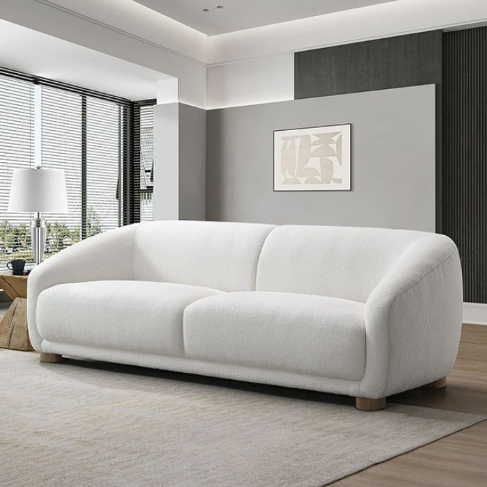Contemporary Boucle Sofa – Slope Arms, Wooden Round Legs, OEKO-TEX Certified
