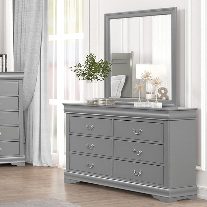 Transitional Sleigh Wood Dresser with Dovetail Drawers and Metal Pulls