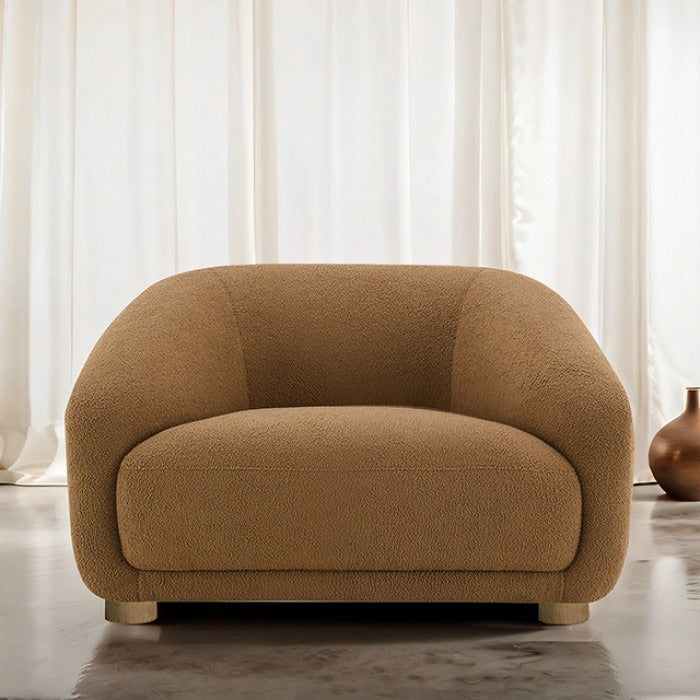 Contemporary Boucle Accent Chair - Slope Arms, Wooden Round Legs, OEKO - TEX Certified