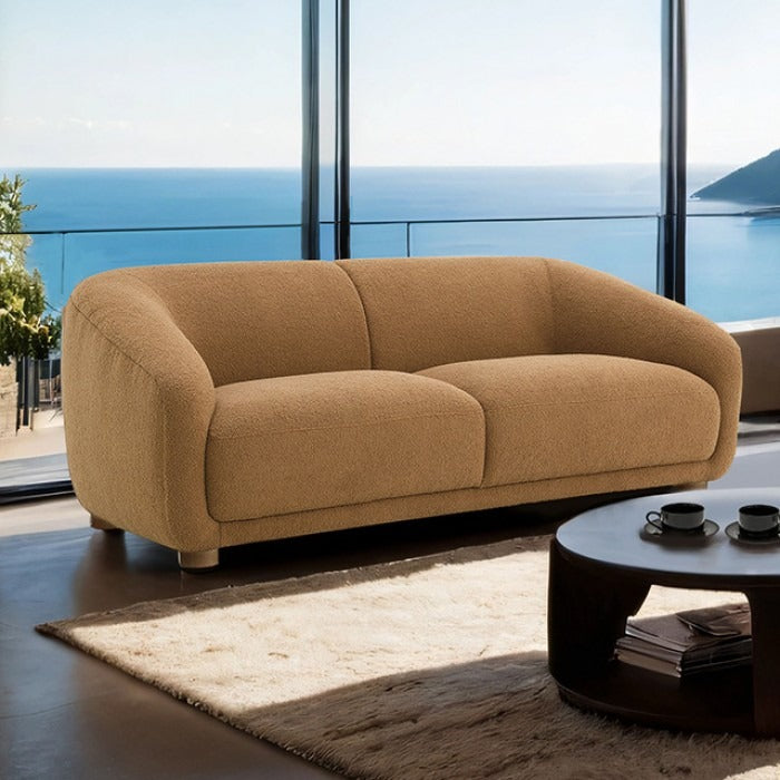 Contemporary Boucle Loveseat – Slope Arms, Wooden Round Legs, OEKO-TEX Certified