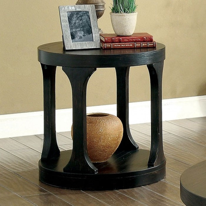 Transitional Round Wood Table – Intricate Grain Design with Open Shelf