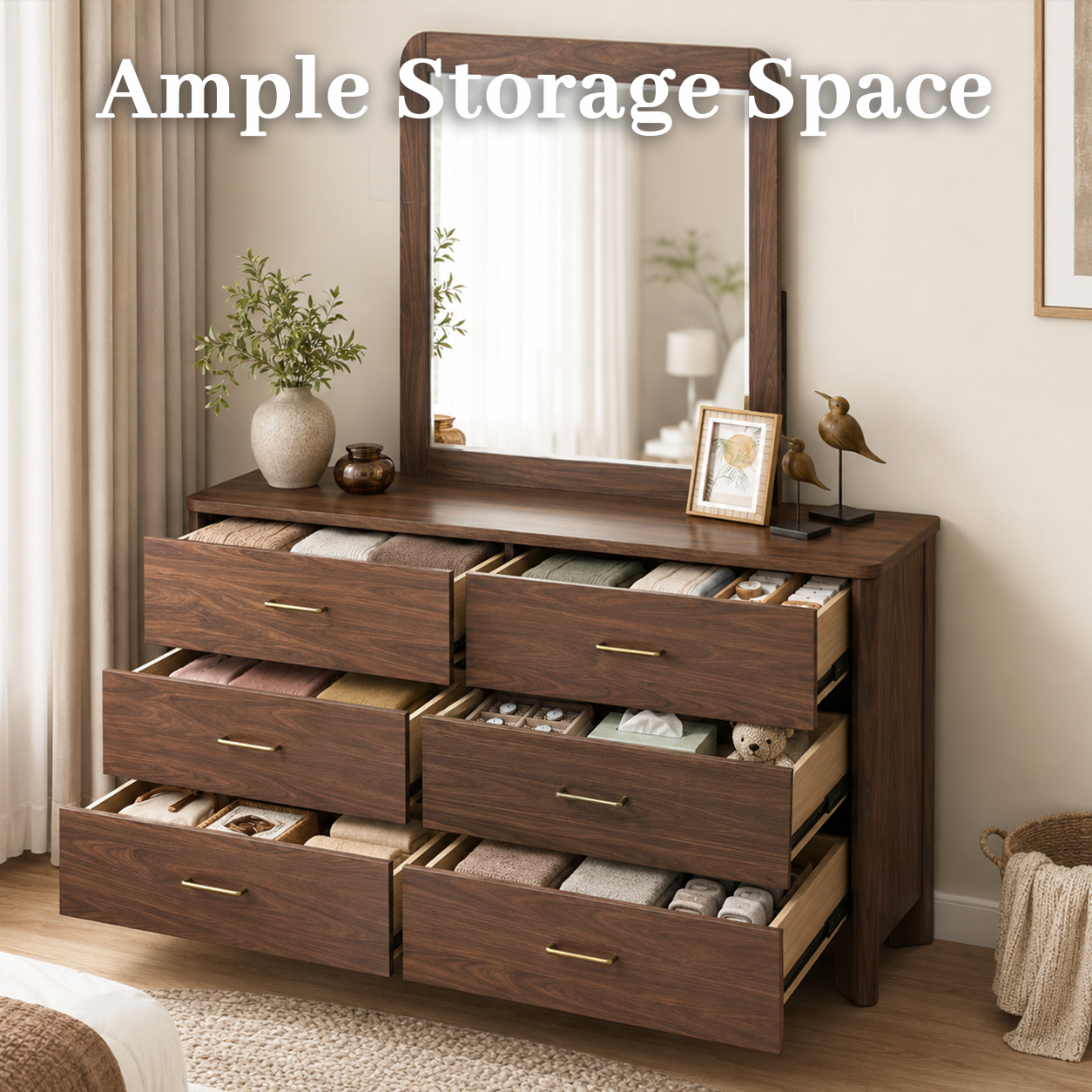 Mid-Century Modern Walnut 4-Piece Bedroom Set with Upholstered LED Platform Bed, Nightstand, Chest & Dresser with Optional Mirror