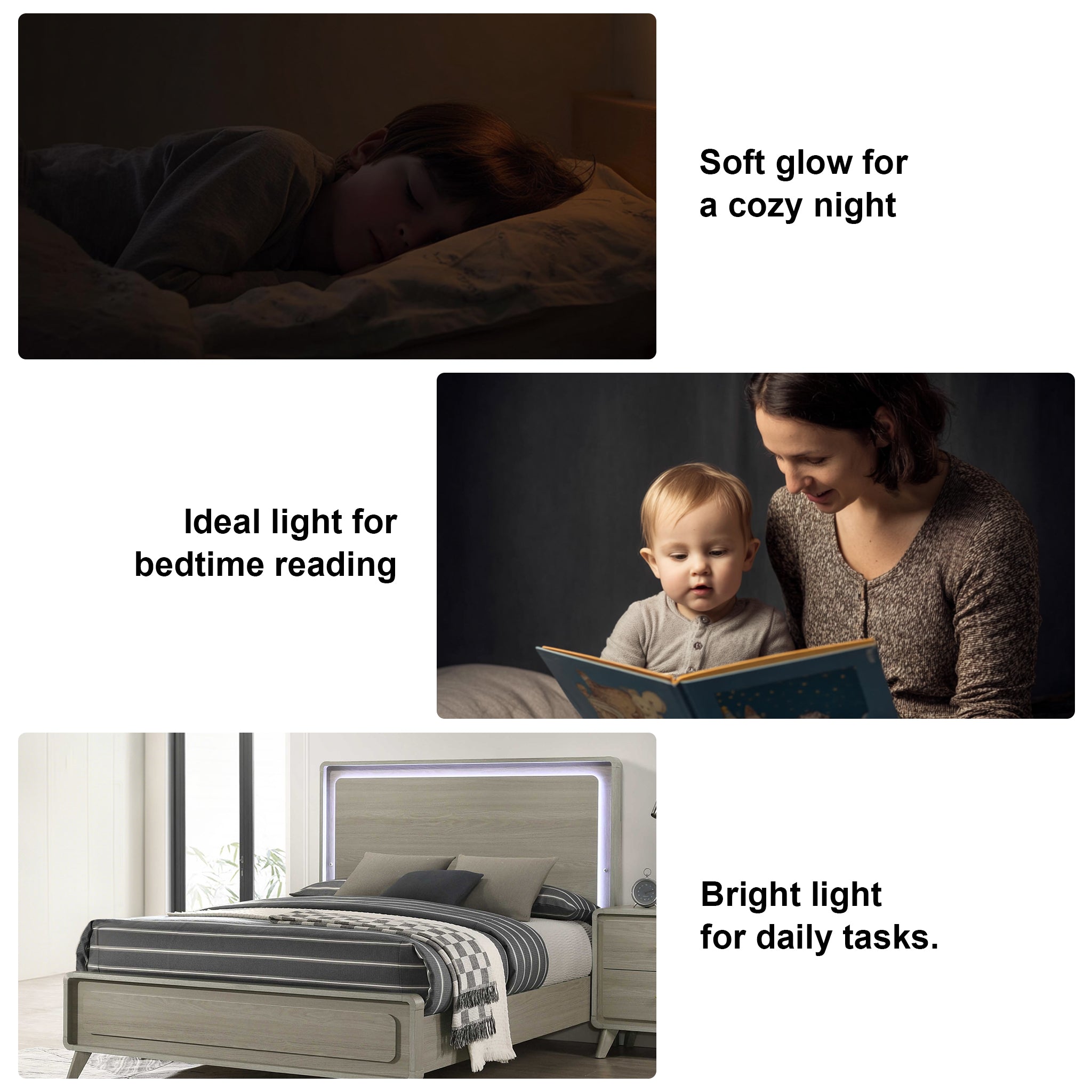 Contemporary Gray Bed with LED Wood Panel Headboard