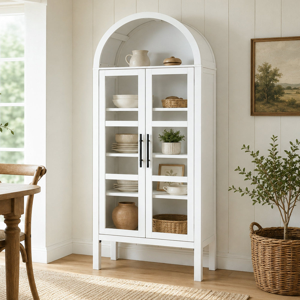 Rustic 2-Piece Arched TV Stand & Storage Cabinet Set – 55" Sideboard Buffet Cabinet & 72" Tall Display Cabinet with Glass Doors