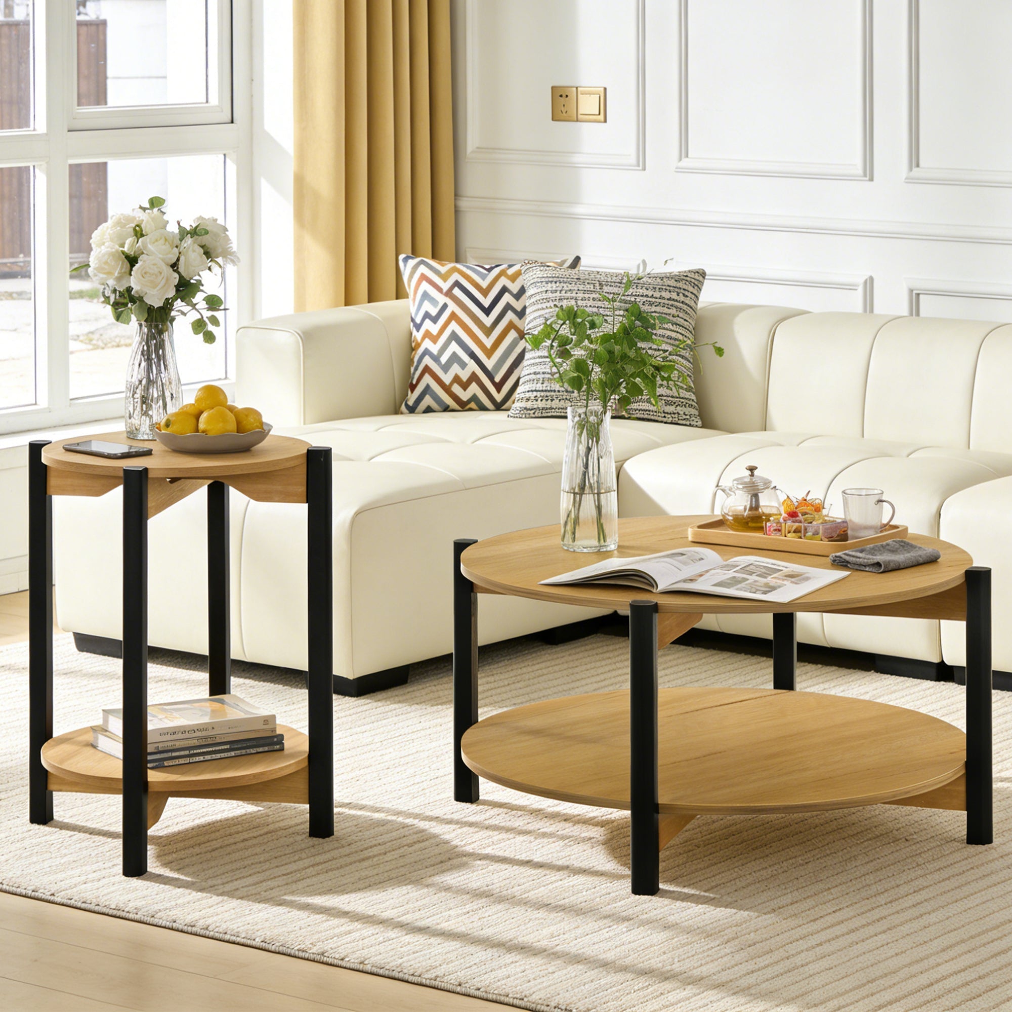 Round End Table with Open Shelf & Metal Legs – Transitional Wood Look Side Table for Living Room & Small Spaces