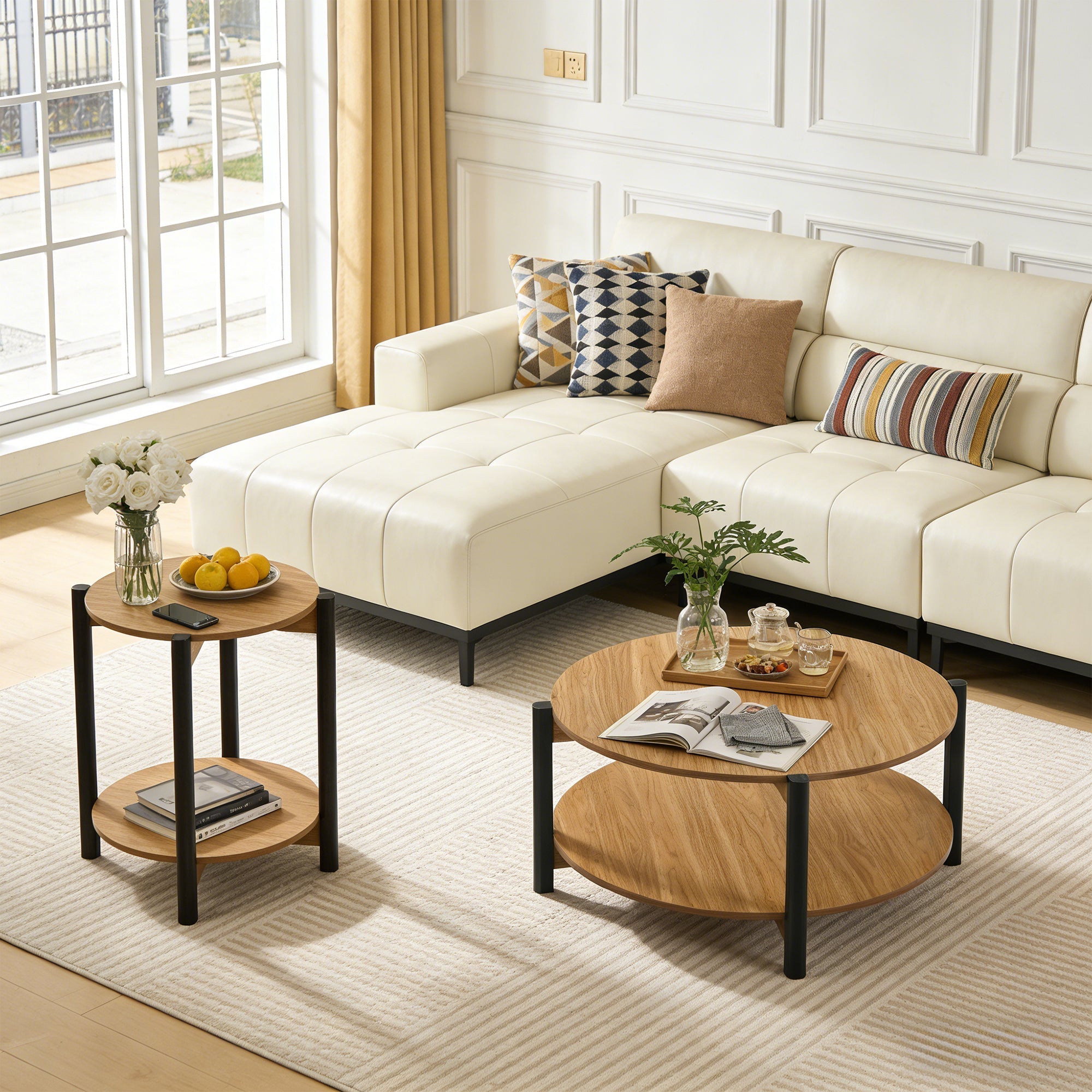 Round End Table with Open Shelf & Metal Legs – Transitional Wood Look Side Table for Living Room & Small Spaces