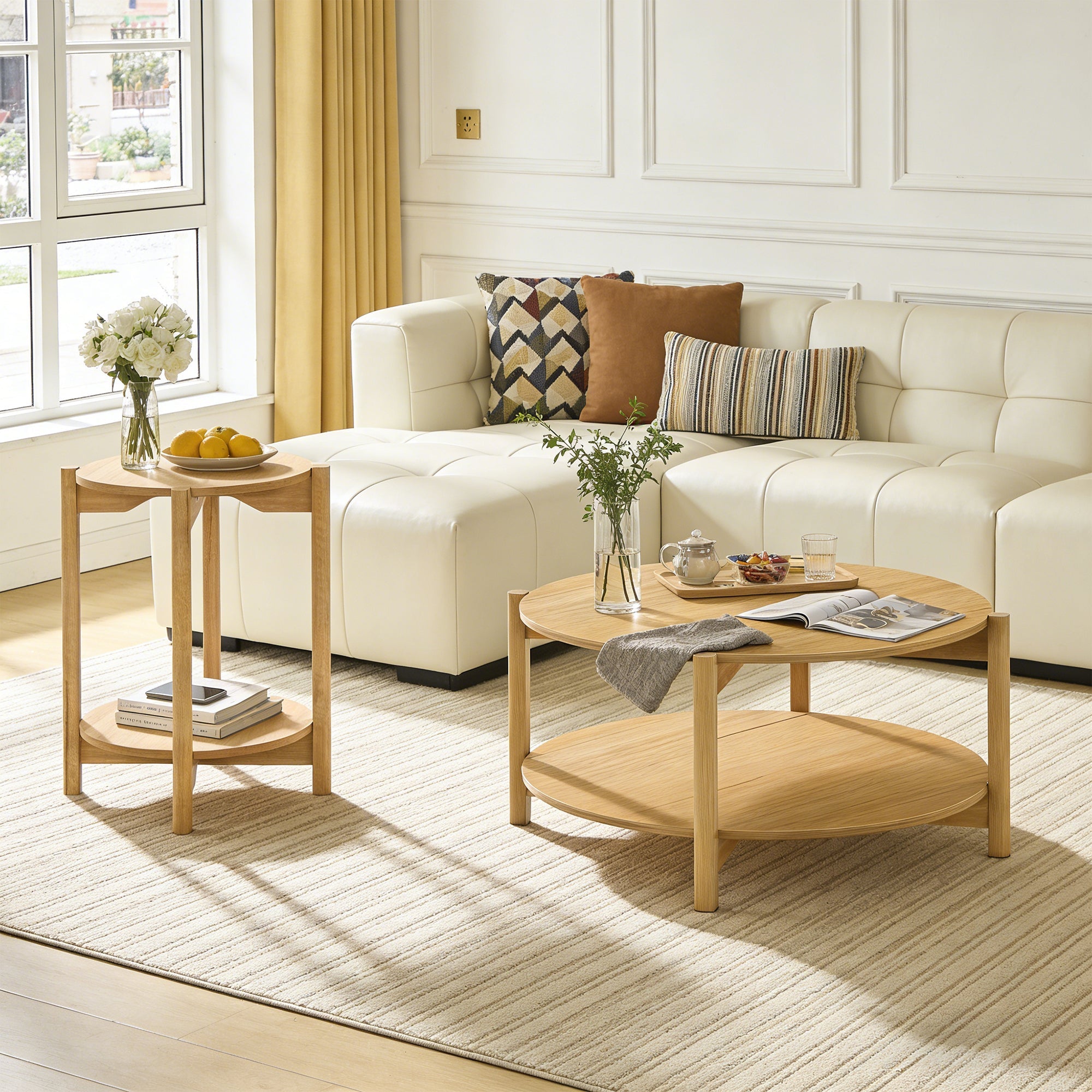 Round End Table with Open Shelf & Metal Legs – Transitional Wood Look Side Table for Living Room & Small Spaces