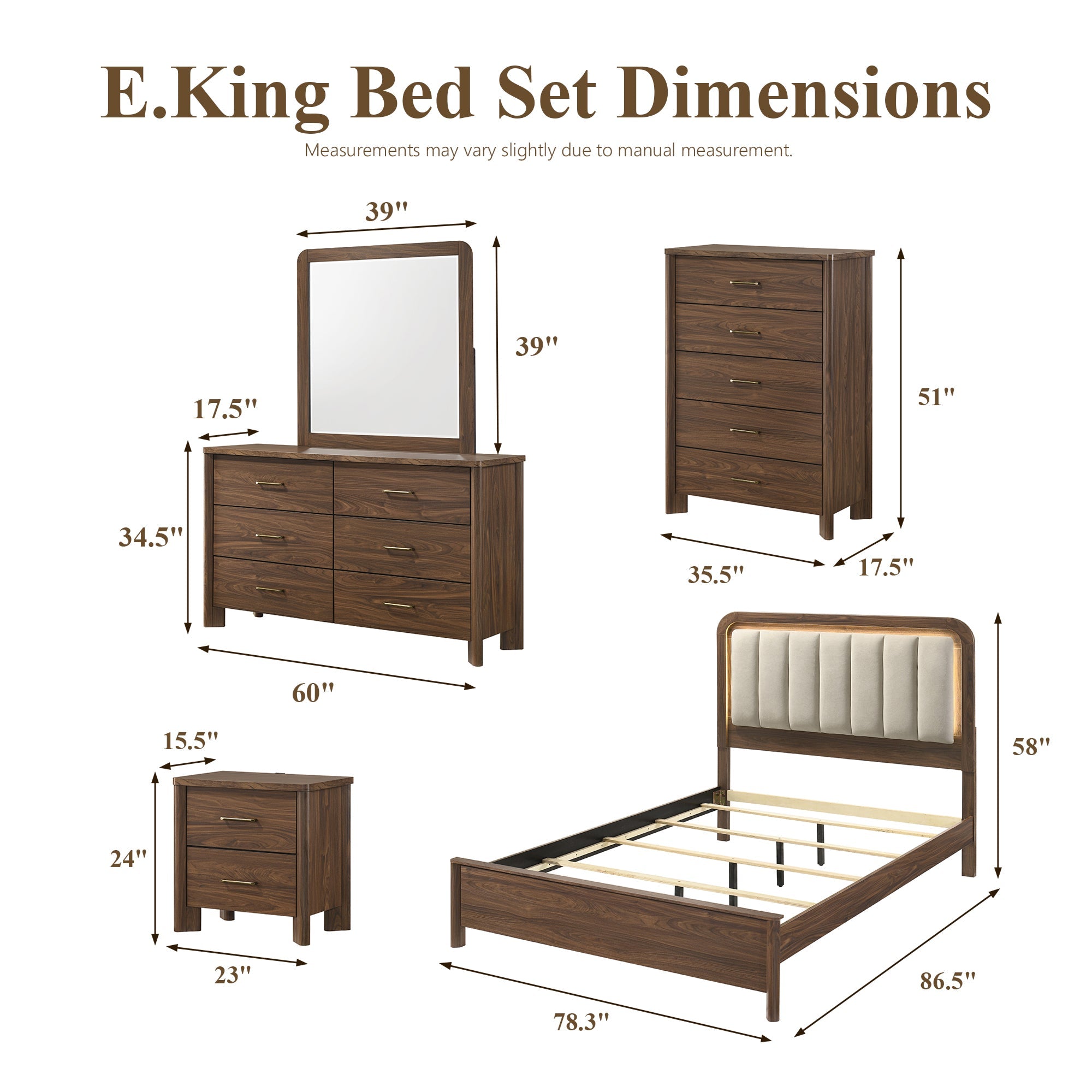 Mid-Century Modern Walnut 4-Piece Bedroom Set with Upholstered LED Platform Bed, Nightstand, Chest & Dresser with Optional Mirror