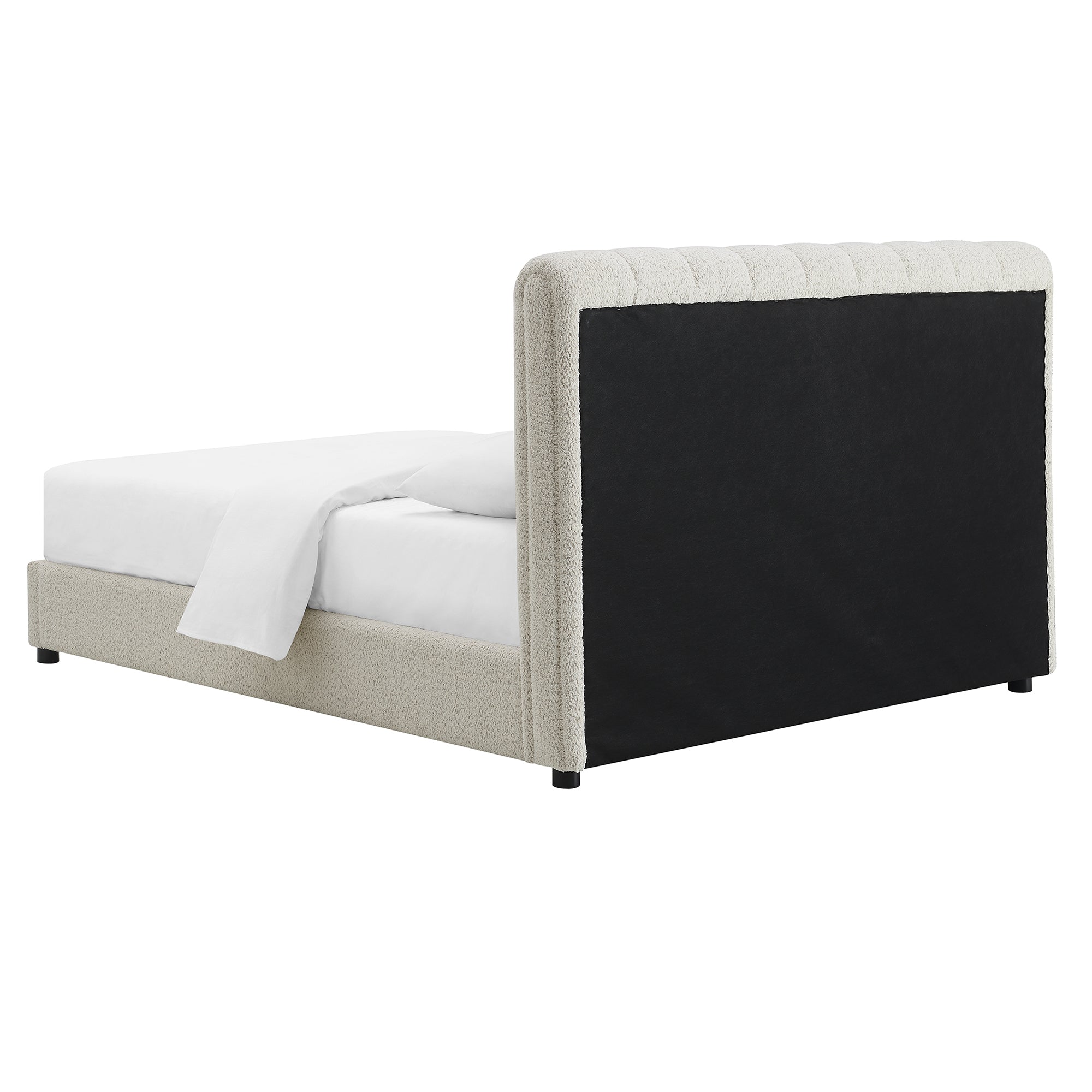 Contemporary Boucle Bed - Padded Vertical Channel Headboard, Round Wood Legs, Mattress Ready