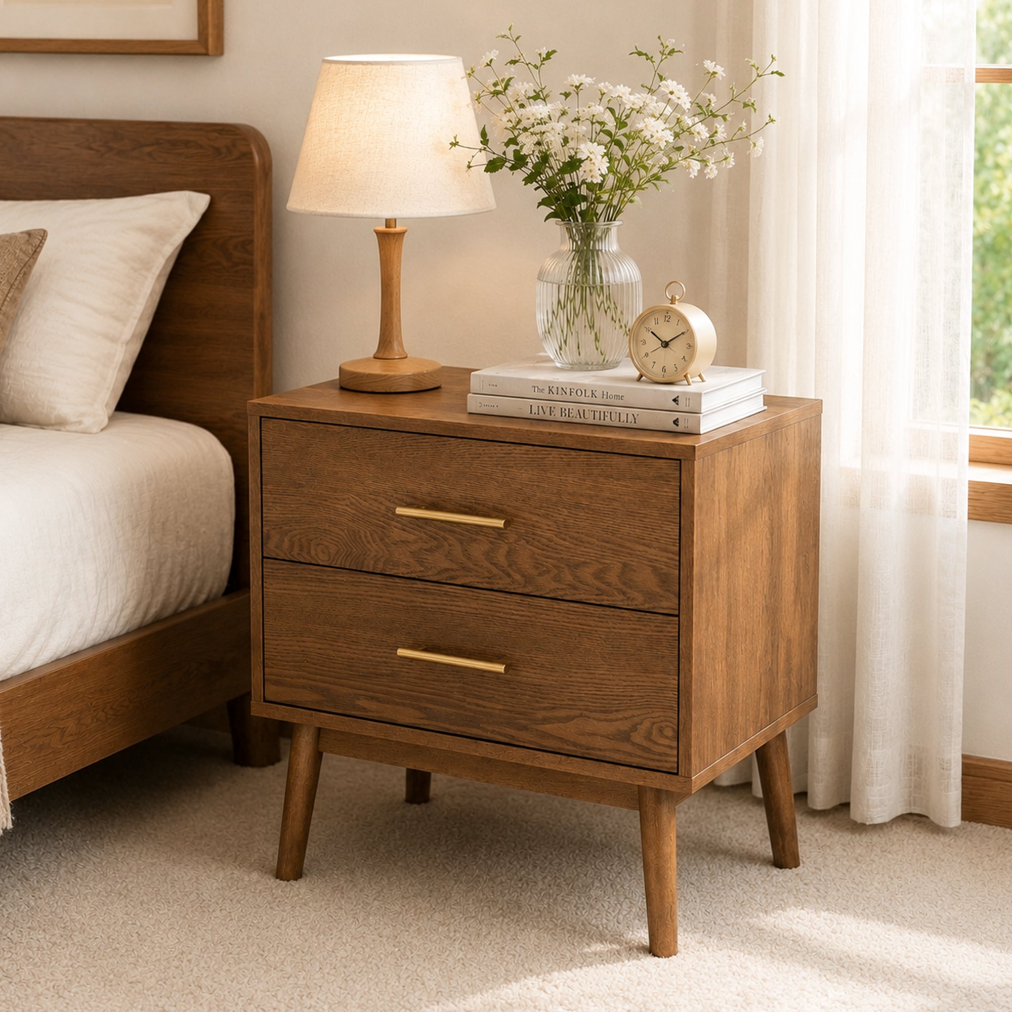 Fully Assembled Mid-Century Modern Walnut Nightstand with Tapered Legs & Nickel Bar Pulls