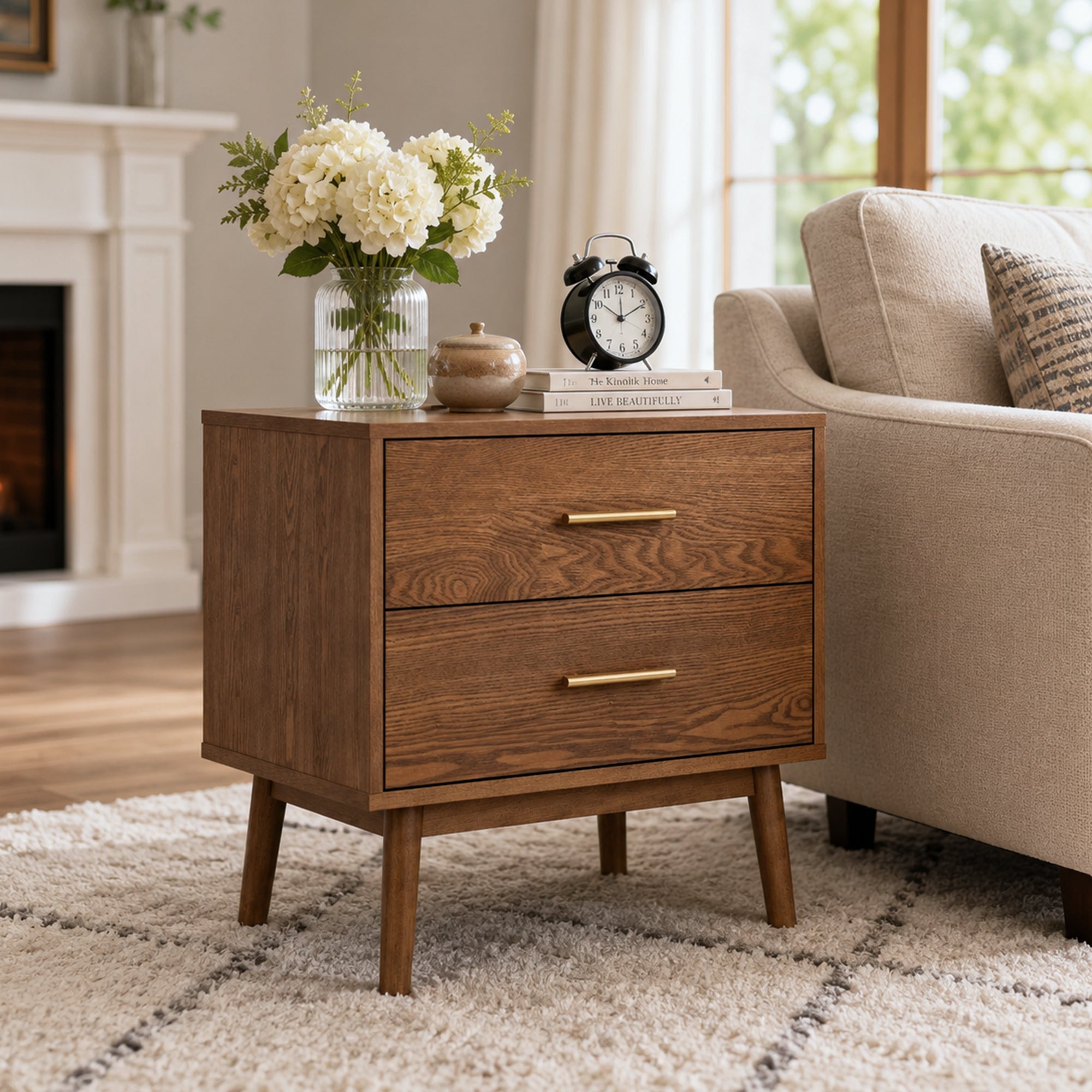 Fully Assembled Mid-Century Modern Walnut Nightstand with Tapered Legs & Nickel Bar Pulls