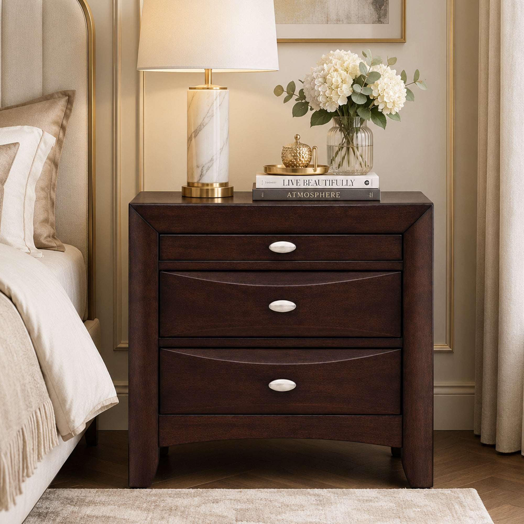 Fully Assembled Transitional Wood Nightstand – Solid Wood Bedside Table for Modern Bedrooms