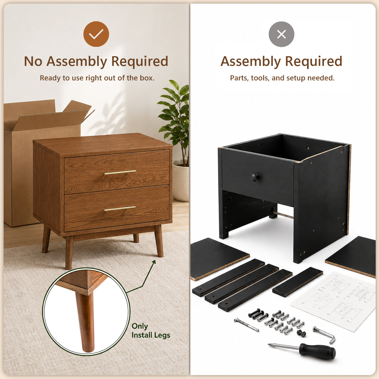 Fully Assembled Mid-Century Modern Walnut Nightstand with Tapered Legs & Nickel Bar Pulls