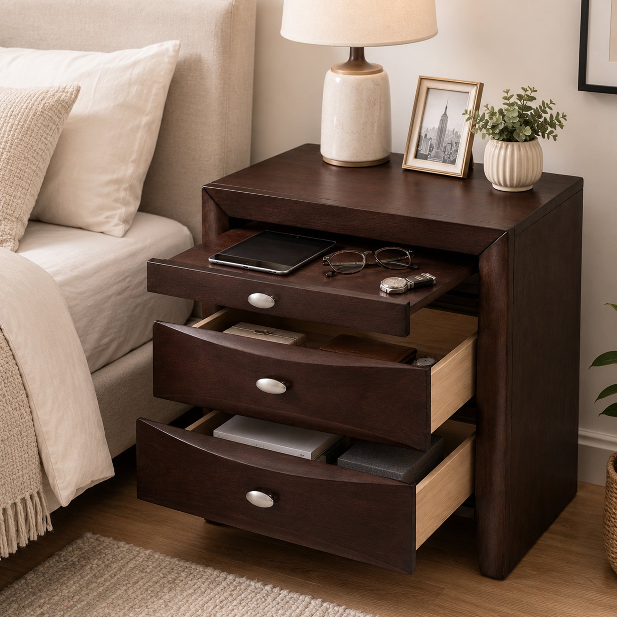Fully Assembled Transitional Wood Nightstand – Solid Wood Bedside Table for Modern Bedrooms