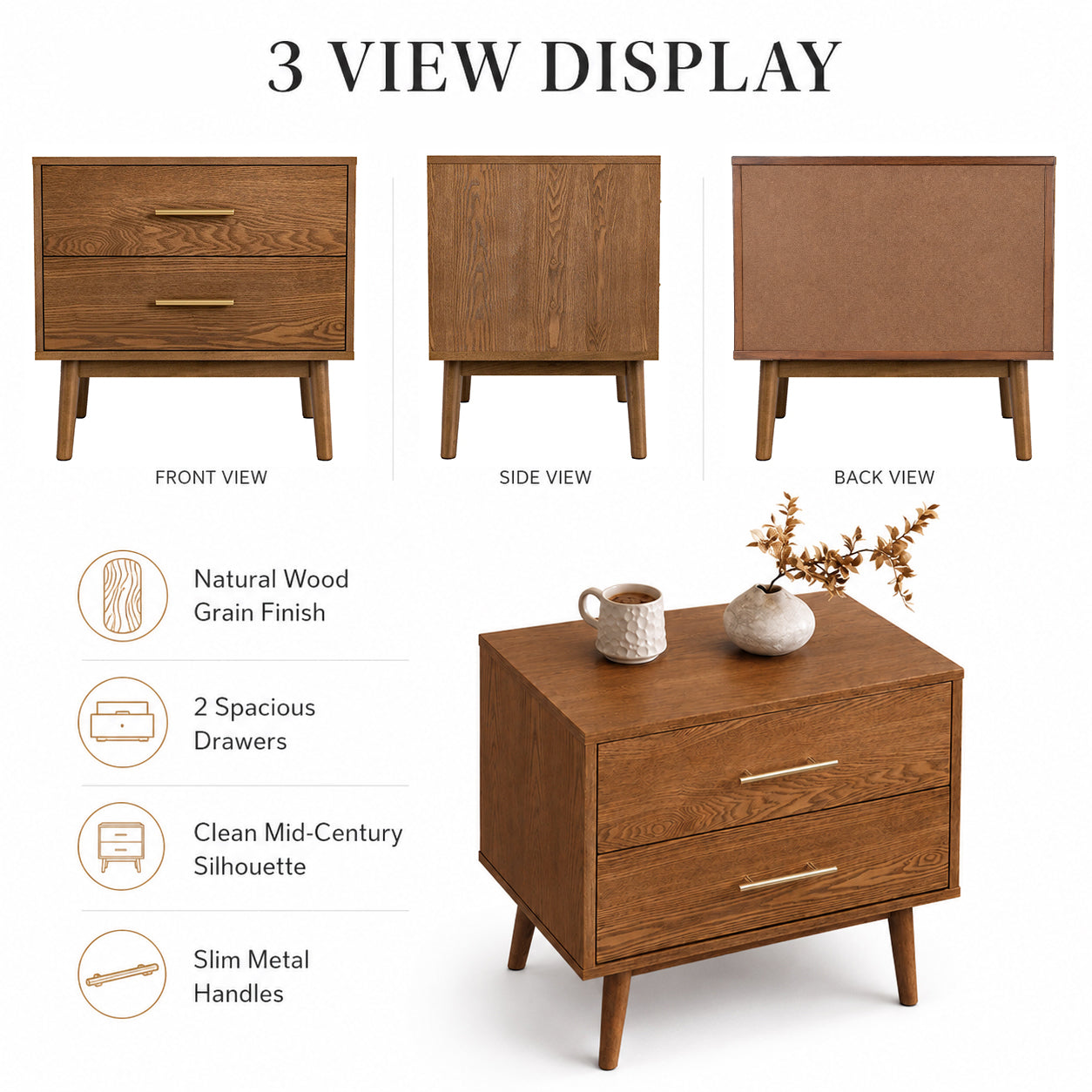 Fully Assembled Mid-Century Modern Walnut Nightstand with Tapered Legs & Nickel Bar Pulls