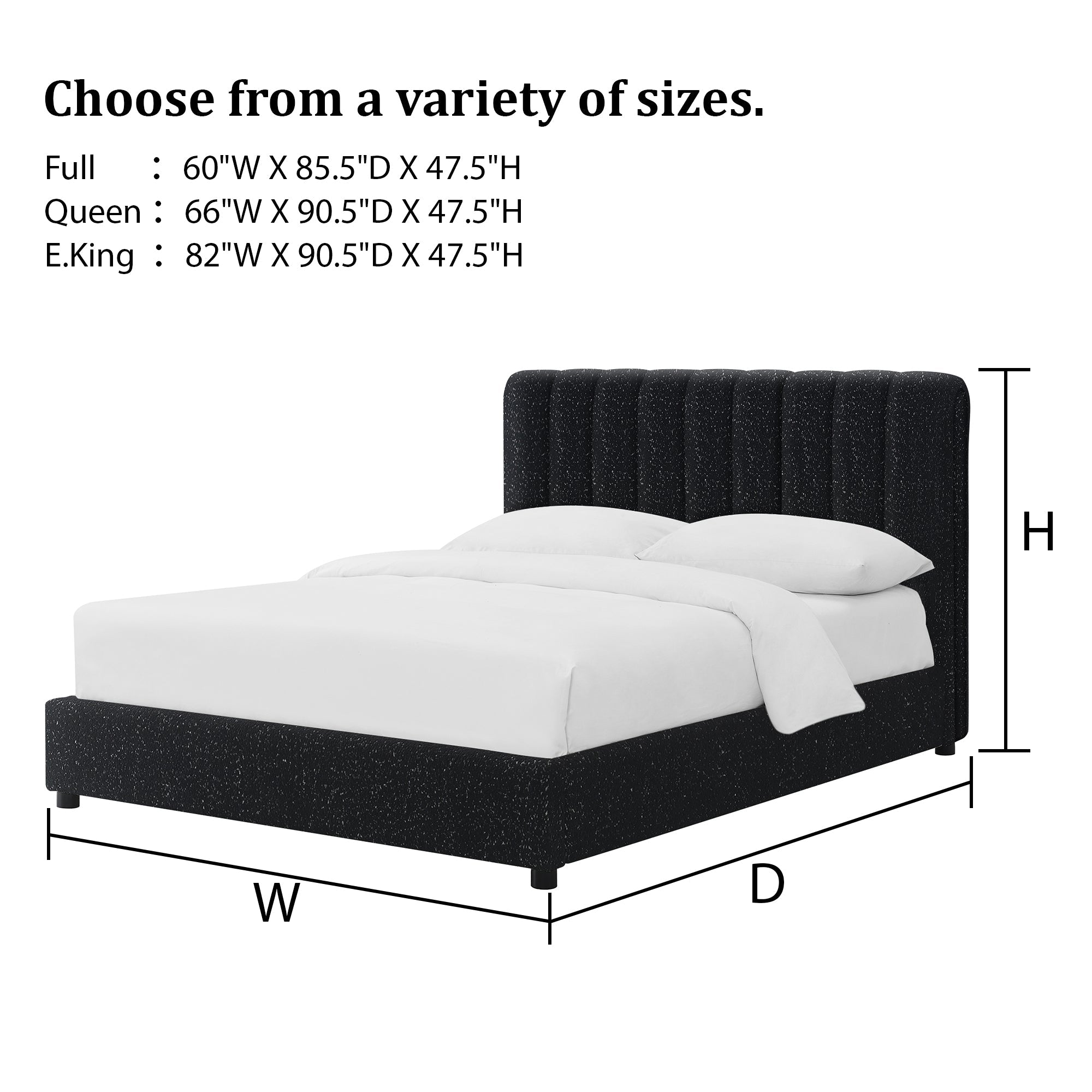 Contemporary Boucle Bed - Padded Vertical Channel Headboard, Round Wood Legs, Mattress Ready
