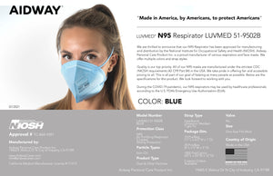 NIOSH N95 Respirator Made In USA (Head Loops) - BLUE $1.89/Ea & up.